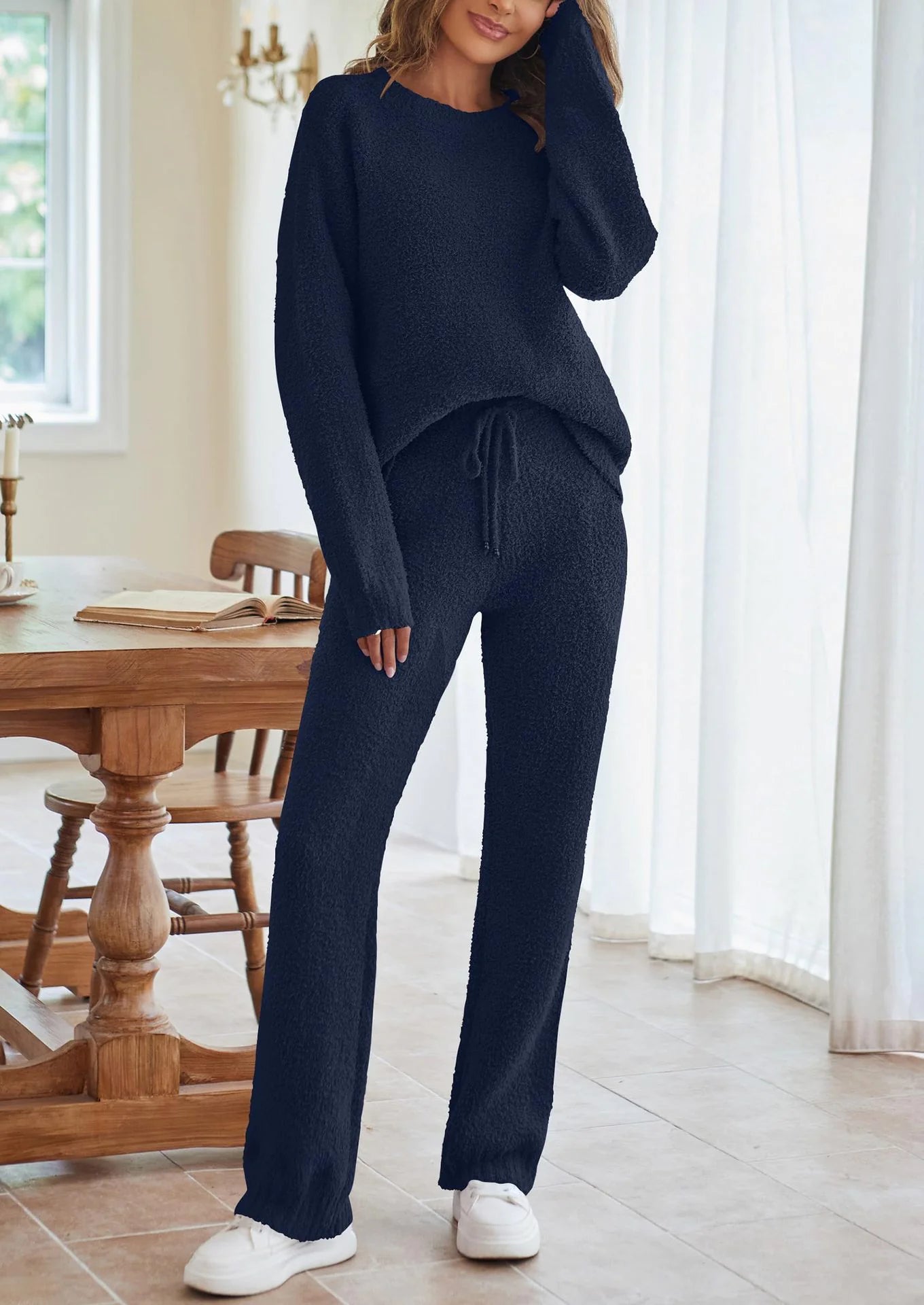 Solid Color Women's Round Neck Long Sleeve Trousers Warm Suit