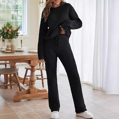 Solid Color Women's Round Neck Long Sleeve Trousers Warm Suit